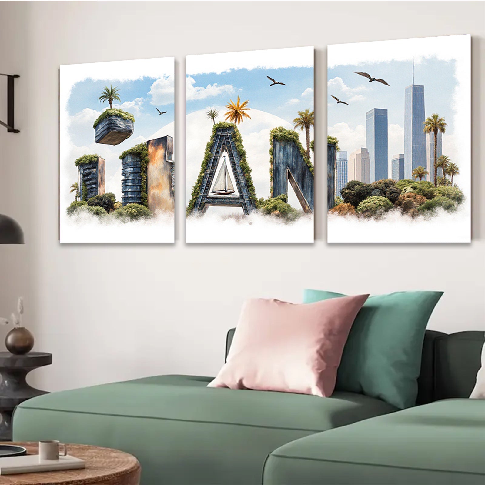 2D flat 1pc Coastal Cityscape Canvas Wall Art Modern Living Room Bedroom Decor Botanical Garden Tropical Vibes Gallery Wrapped Ready Hang Farmhouse Style