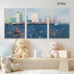 2D flat 1pc Coastal Cityscape Harbor View Modern Wall Art Decor for Living Room Bedroom Office Canvas Prints Wrapped Ready to Hang Farmhouse Chic