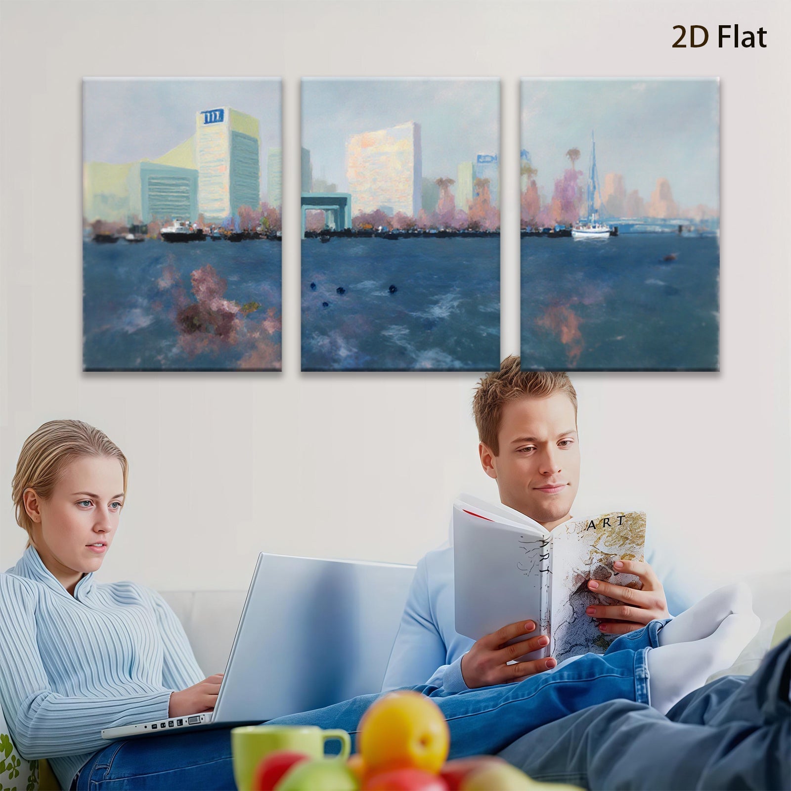 2D flat 1pc Coastal Cityscape Harbor View Modern Wall Art Decor for Living Room Bedroom Office Canvas Prints Wrapped Ready to Hang Farmhouse Chic