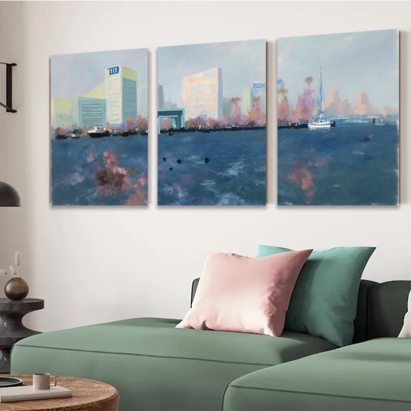 2D flat 1pc Coastal Cityscape Harbor View Modern Wall Art Decor for Living Room Bedroom Office Canvas Prints Wrapped Ready to Hang Farmhouse Chic