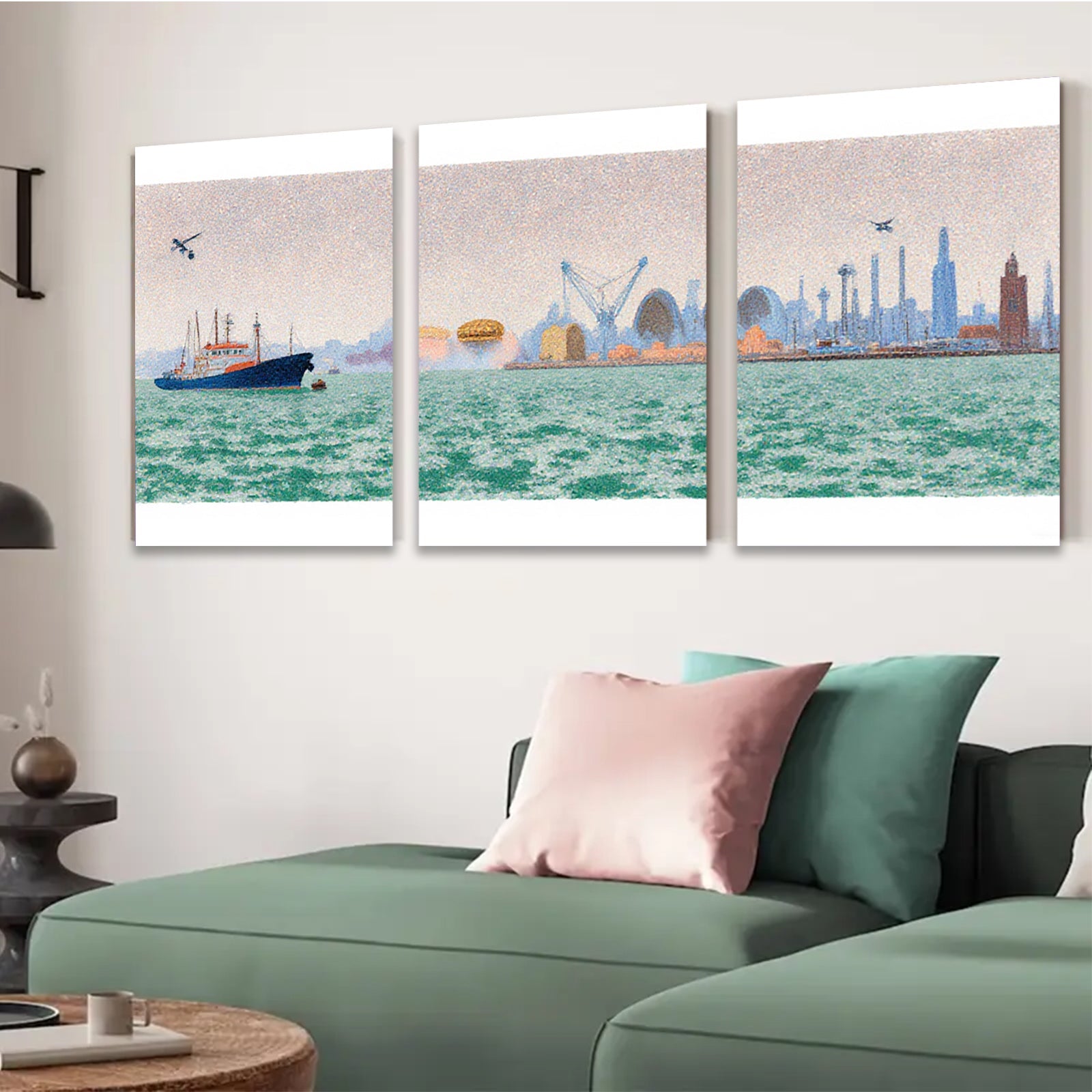 2D flat 1pc Coastal Cityscape Harbor View Modern Wall Art Living Room Bedroom Decor Home Gifts Farmhouse Style Canvas Prints Gallery Wrapped Ready to Hang