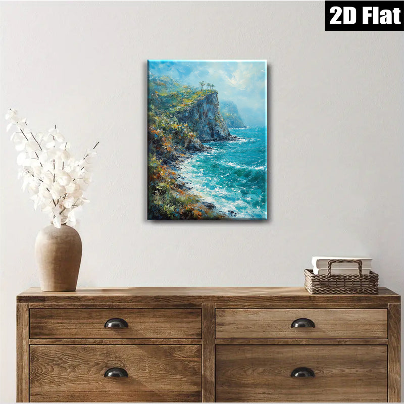 2D flat 1pc Coastal Cliffs Dramatic Ocean Waves Wall Art Living Room Bedroom Decor Canvas Prints Modern Farmhouse Style Rustic Chic Gallery Wrapped Ready to Hang