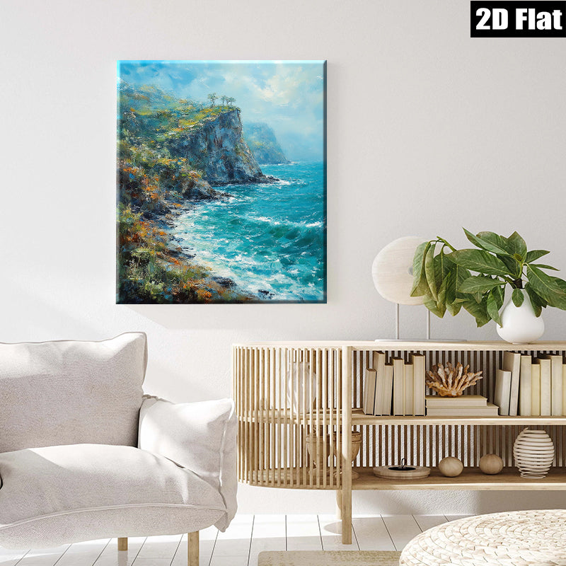 2D flat 1pc Coastal Cliffs Dramatic Ocean Waves Wall Art Living Room Bedroom Decor Canvas Prints Modern Farmhouse Style Rustic Chic Gallery Wrapped Ready to Hang
