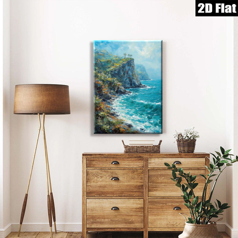 2D flat 1pc Coastal Cliffs Dramatic Ocean Waves Wall Art Living Room Bedroom Decor Canvas Prints Modern Farmhouse Style Rustic Chic Gallery Wrapped Ready to Hang