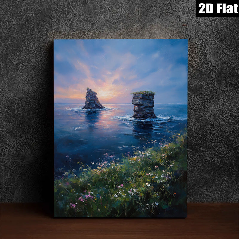 2D flat 1pc Coastal Cliffs Sunset Ocean View Wall Art Living Room Bedroom Decor Farmhouse Style Canvas Prints Ready to Hang Modern Home Decorations