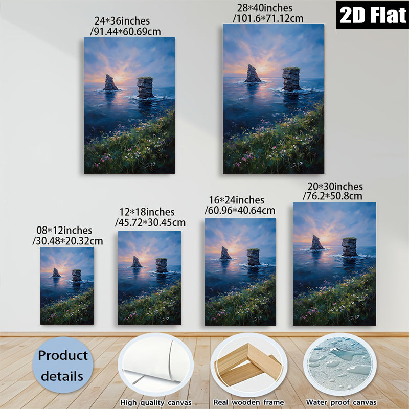 2D flat 1pc Coastal Cliffs Sunset Ocean View Wall Art Living Room Bedroom Decor Farmhouse Style Canvas Prints Ready to Hang Modern Home Decorations