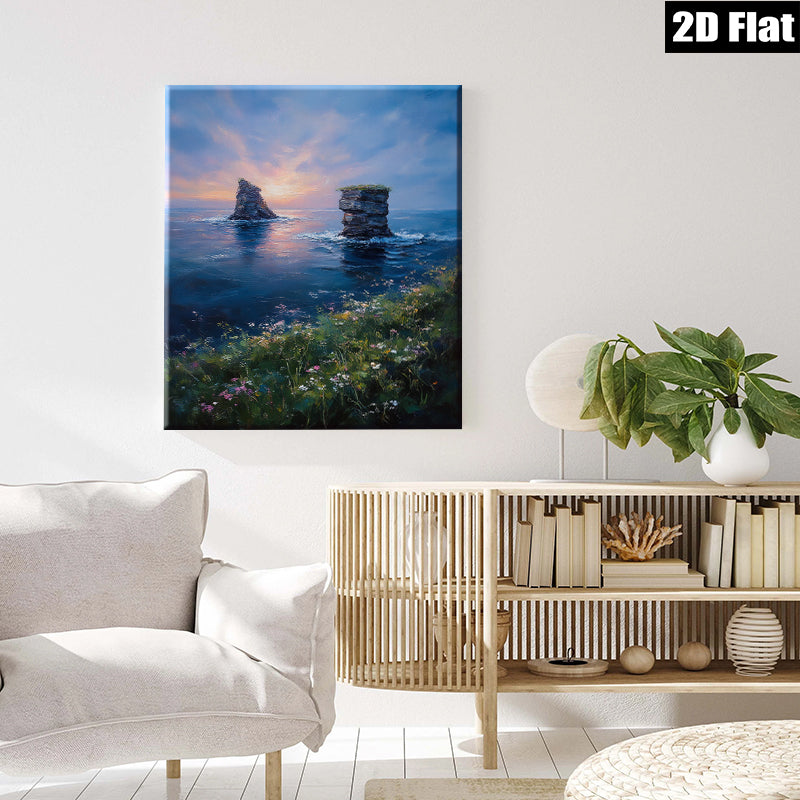 2D flat 1pc Coastal Cliffs Sunset Ocean View Wall Art Living Room Bedroom Decor Farmhouse Style Canvas Prints Ready to Hang Modern Home Decorations