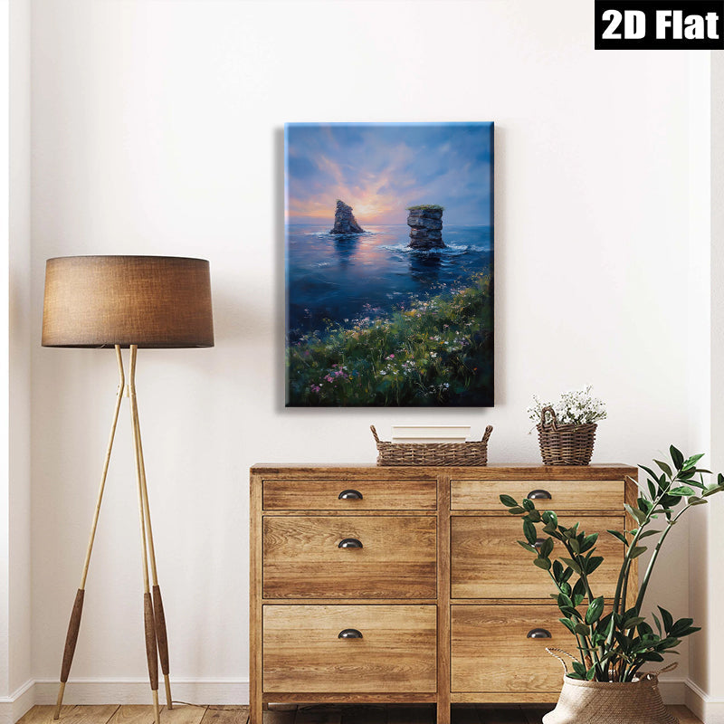 2D flat 1pc Coastal Cliffs Sunset Ocean View Wall Art Living Room Bedroom Decor Farmhouse Style Canvas Prints Ready to Hang Modern Home Decorations
