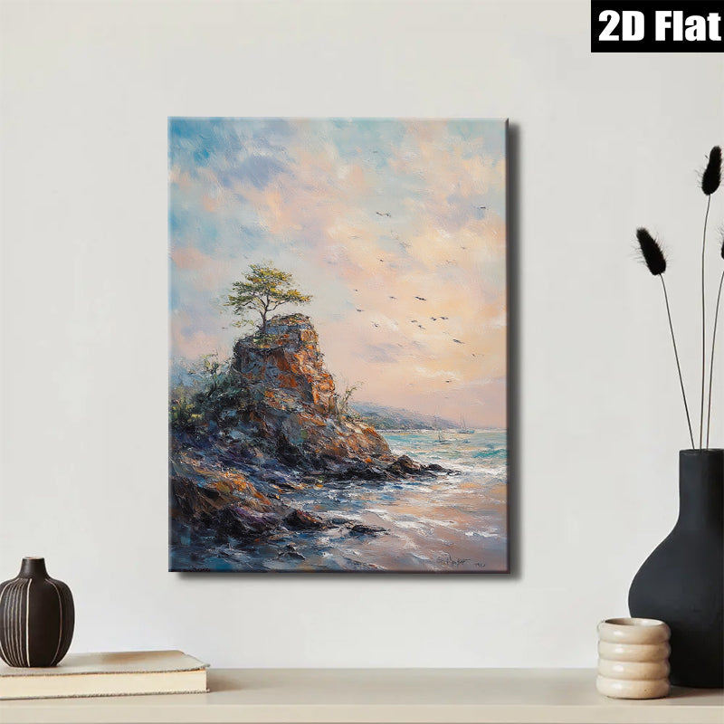 2D flat 1pc Coastal Cliffside Sunset Ocean View Wall Art Canvas Prints for Living Room Bedroom Home Decor Farmhouse Style Modern Gallery Wrapped Ready to Hang
