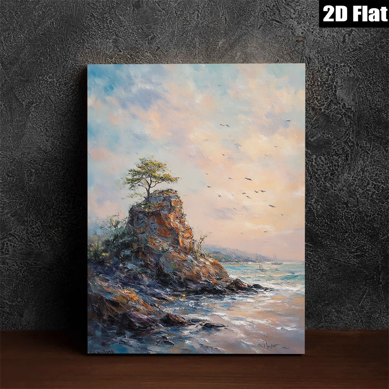 2D flat 1pc Coastal Cliffside Sunset Ocean View Wall Art Canvas Prints for Living Room Bedroom Home Decor Farmhouse Style Modern Gallery Wrapped Ready to Hang
