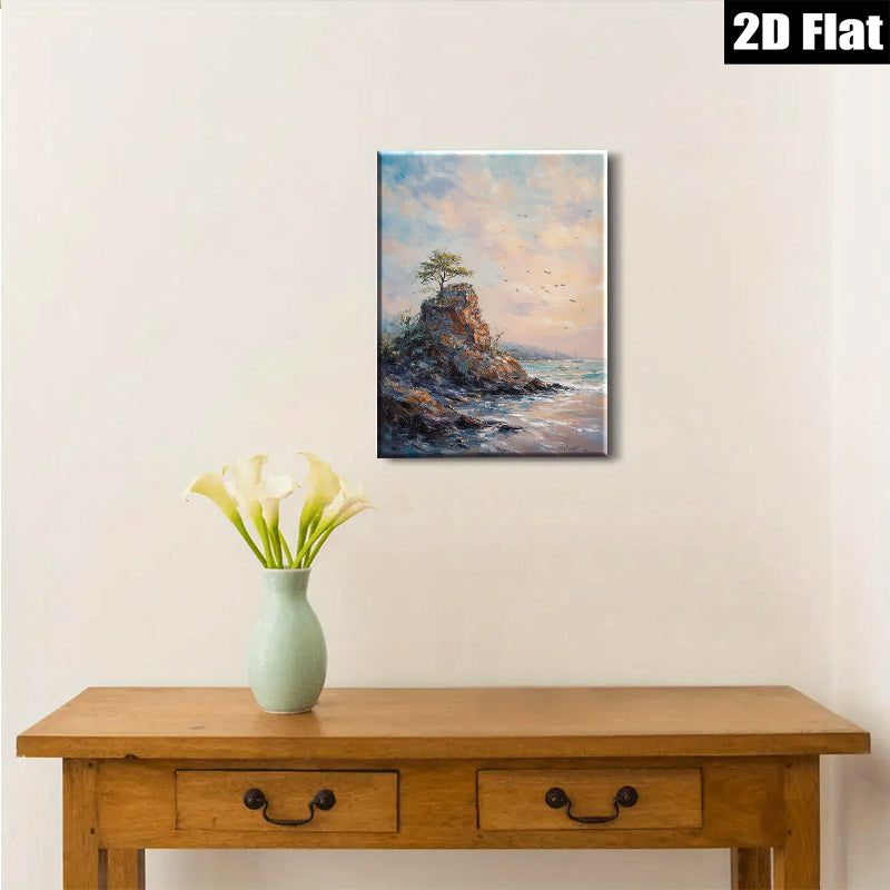 2D flat 1pc Coastal Cliffside Sunset Ocean View Wall Art Canvas Prints for Living Room Bedroom Home Decor Farmhouse Style Modern Gallery Wrapped Ready to Hang