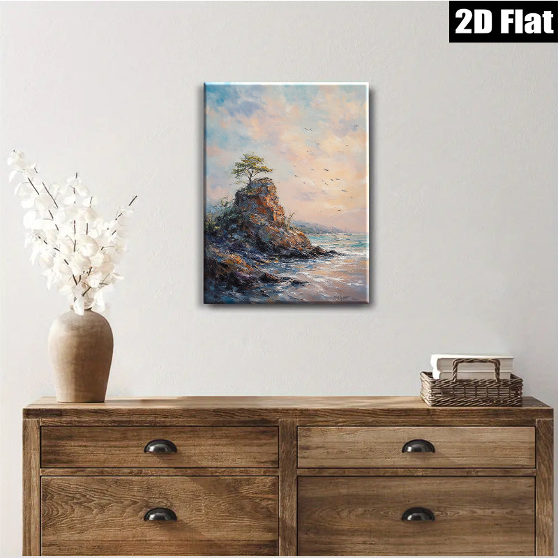 2D flat 1pc Coastal Cliffside Sunset Ocean View Wall Art Canvas Prints for Living Room Bedroom Home Decor Farmhouse Style Modern Gallery Wrapped Ready to Hang