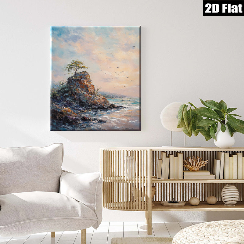 2D flat 1pc Coastal Cliffside Sunset Ocean View Wall Art Canvas Prints for Living Room Bedroom Home Decor Farmhouse Style Modern Gallery Wrapped Ready to Hang