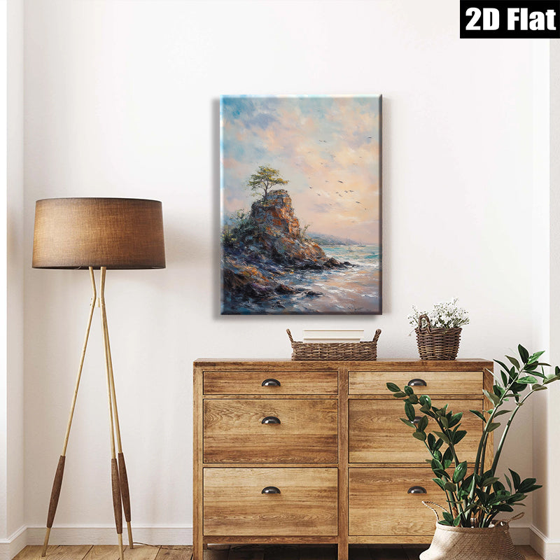 2D flat 1pc Coastal Cliffside Sunset Ocean View Wall Art Canvas Prints for Living Room Bedroom Home Decor Farmhouse Style Modern Gallery Wrapped Ready to Hang
