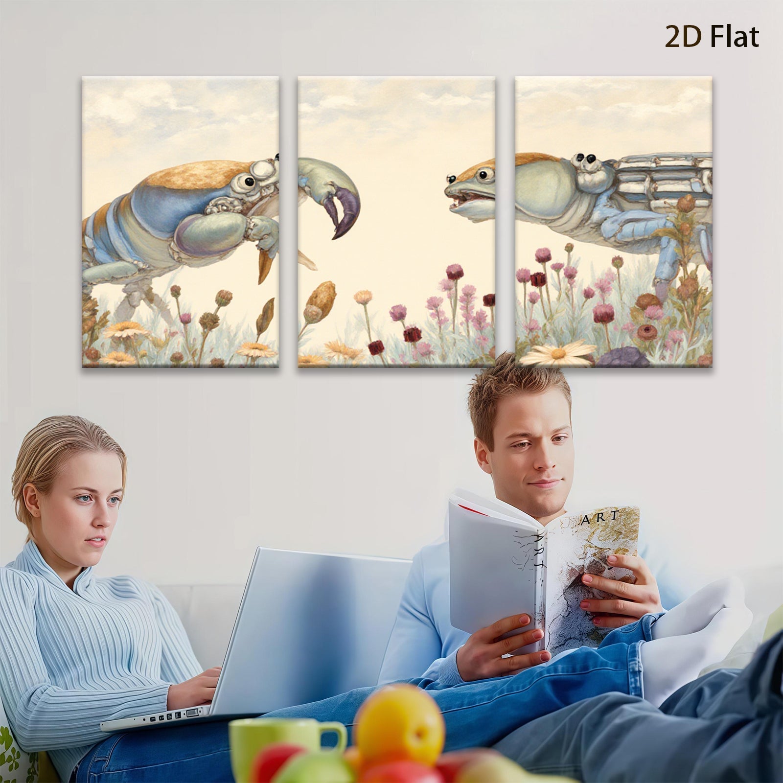 2D flat 1pc Coastal Crabs Facing Floral Meadow Farmhouse Wall Decor Living Room Bedroom Gallery Wrapped Canvas Prints Modern Rustic Home D��cor