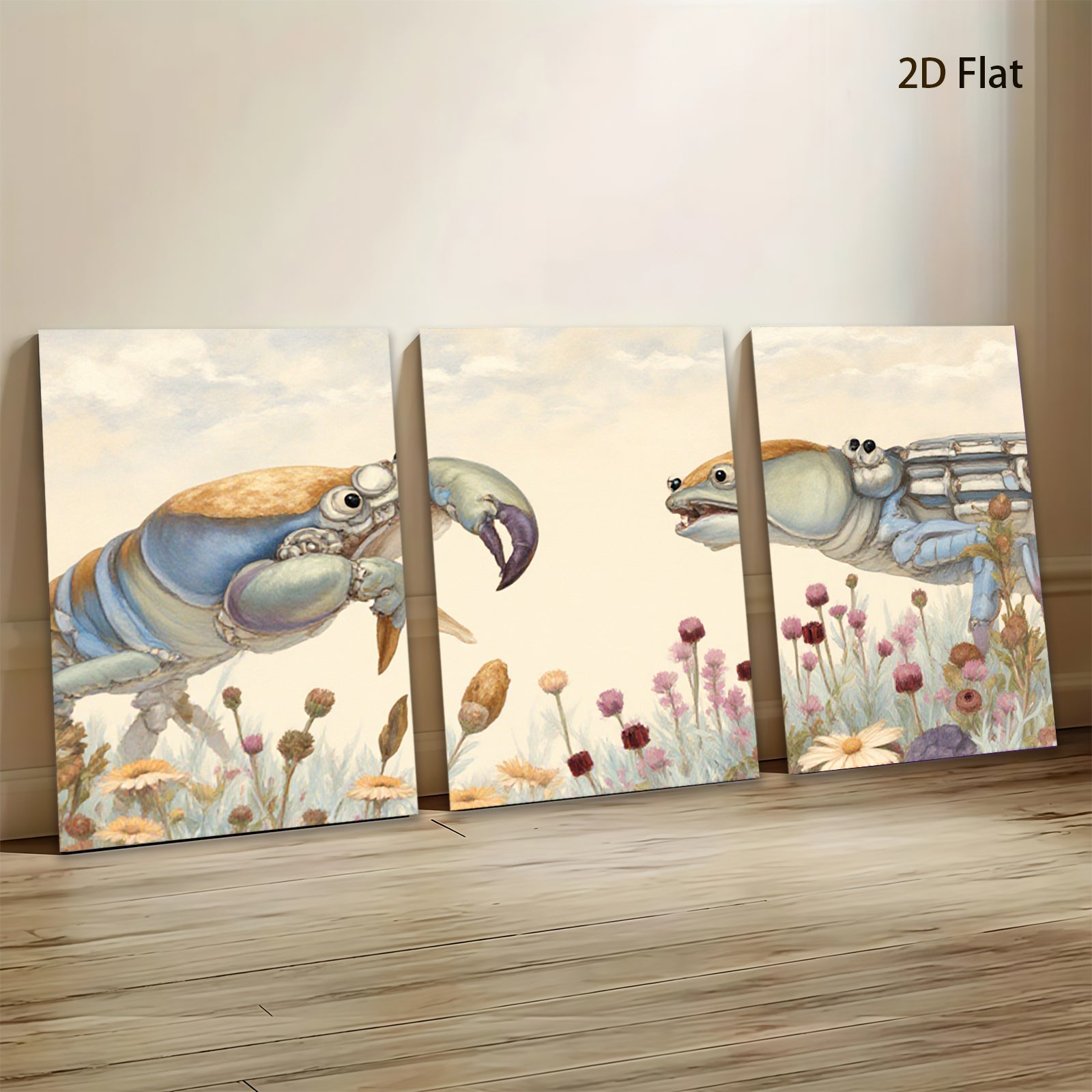 2D flat 1pc Coastal Crabs Facing Floral Meadow Farmhouse Wall Decor Living Room Bedroom Gallery Wrapped Canvas Prints Modern Rustic Home D��cor