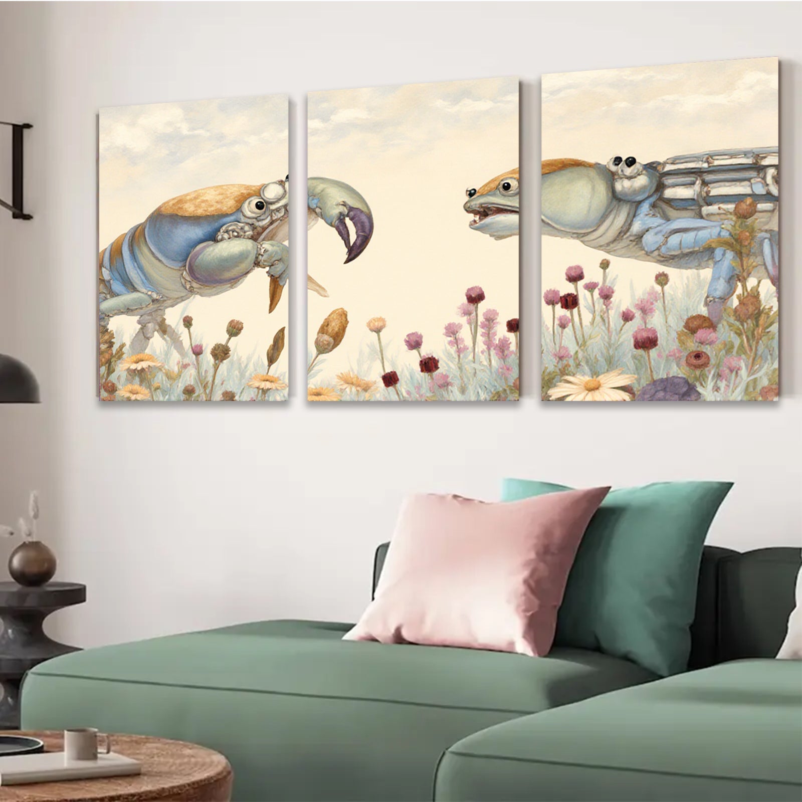 2D flat 1pc Coastal Crabs Facing Floral Meadow Farmhouse Wall Decor Living Room Bedroom Gallery Wrapped Canvas Prints Modern Rustic Home D��cor