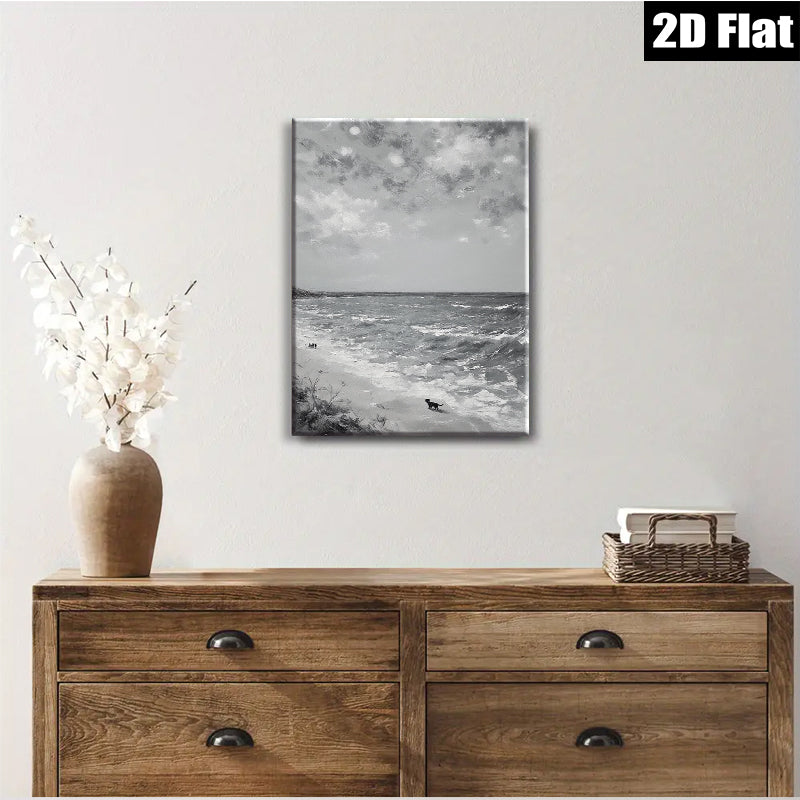 2D flat 1pc Coastal Dog Beach Scene Wall Art Modern Farmhouse Decor Living Room Bedroom Gallery Wrapped Canvas Prints for Home Office Decoration