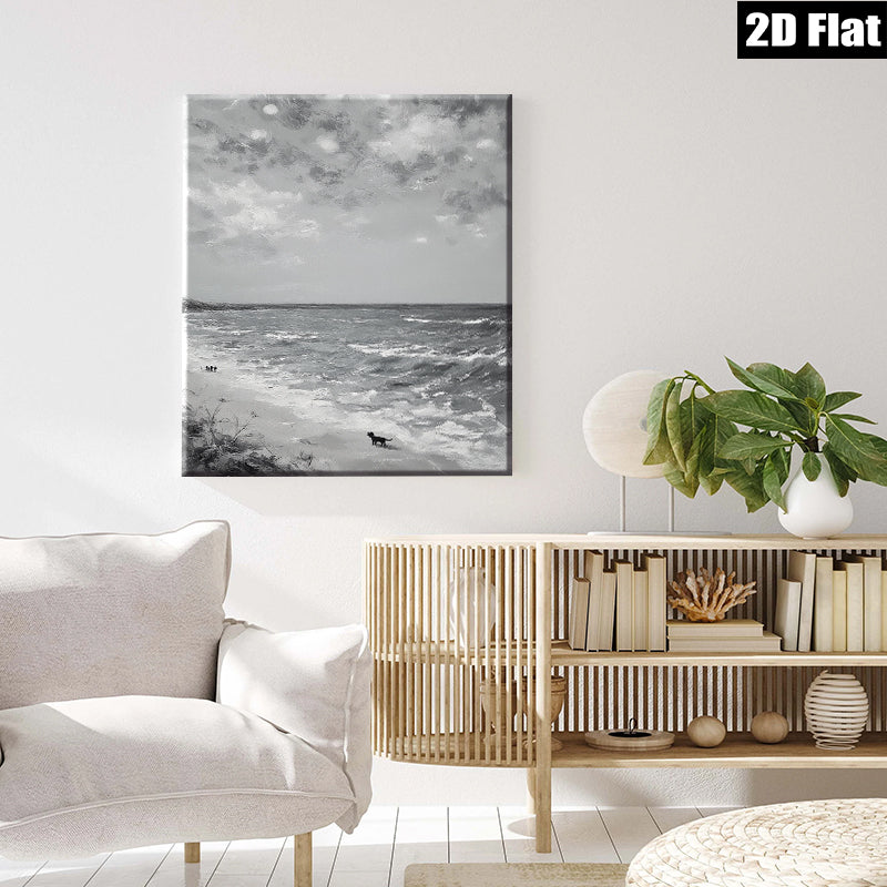 2D flat 1pc Coastal Dog Beach Scene Wall Art Modern Farmhouse Decor Living Room Bedroom Gallery Wrapped Canvas Prints for Home Office Decoration