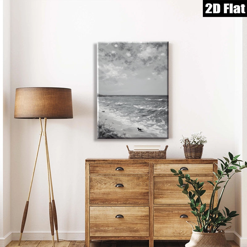 2D flat 1pc Coastal Dog Beach Scene Wall Art Modern Farmhouse Decor Living Room Bedroom Gallery Wrapped Canvas Prints for Home Office Decoration