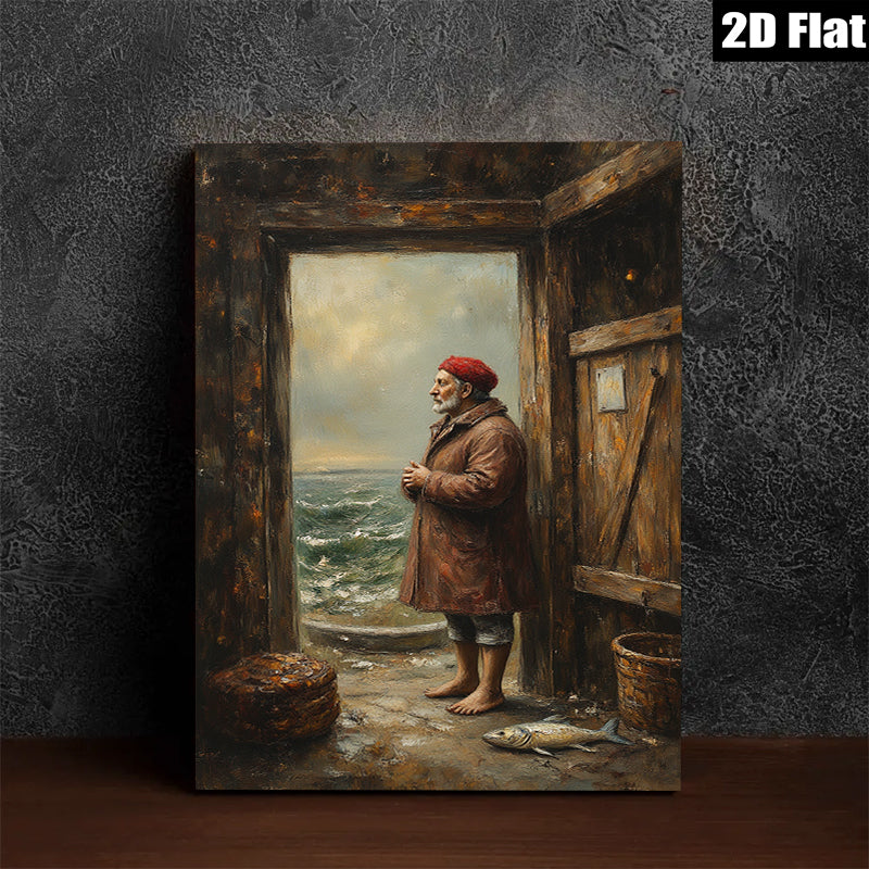2D flat 1pc Coastal Fisherman Gazing at Stormy Seas Rustic Beach Wall Art for Living Room Bedroom Home Decor Farmhouse Style Canvas Prints
