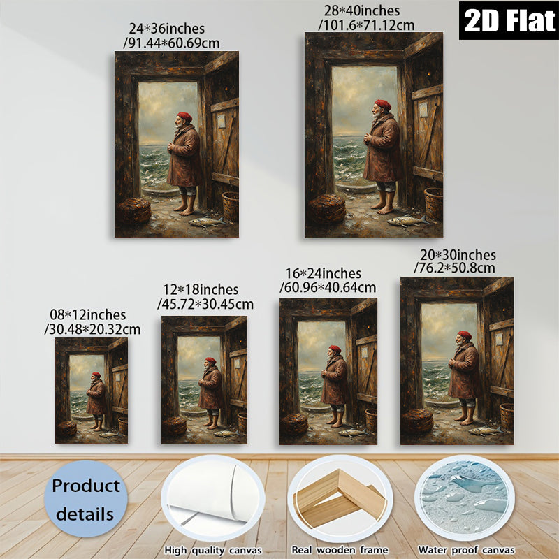 2D flat 1pc Coastal Fisherman Gazing at Stormy Seas Rustic Beach Wall Art for Living Room Bedroom Home Decor Farmhouse Style Canvas Prints