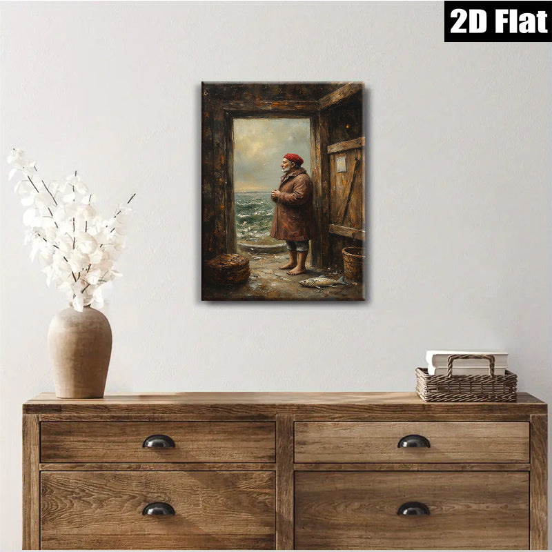 2D flat 1pc Coastal Fisherman Gazing at Stormy Seas Rustic Beach Wall Art for Living Room Bedroom Home Decor Farmhouse Style Canvas Prints
