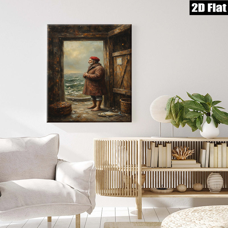 2D flat 1pc Coastal Fisherman Gazing at Stormy Seas Rustic Beach Wall Art for Living Room Bedroom Home Decor Farmhouse Style Canvas Prints
