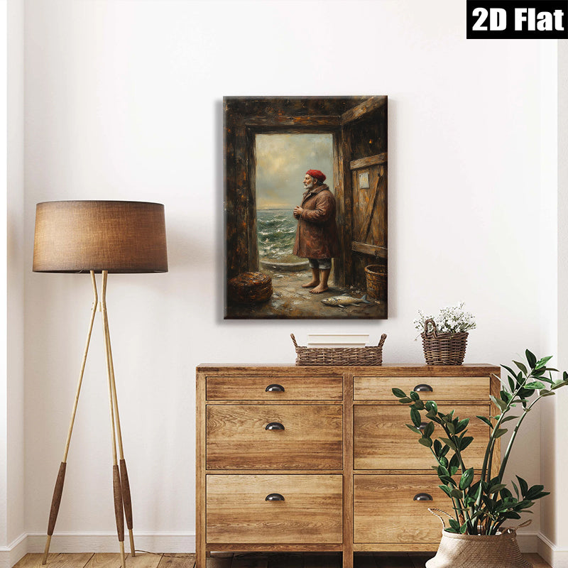2D flat 1pc Coastal Fisherman Gazing at Stormy Seas Rustic Beach Wall Art for Living Room Bedroom Home Decor Farmhouse Style Canvas Prints
