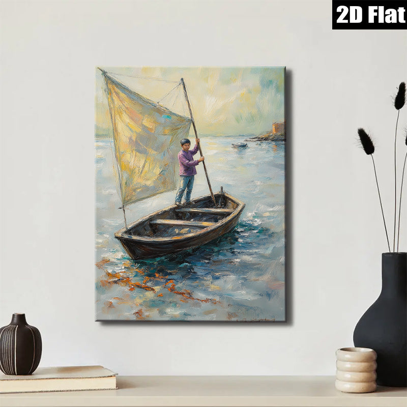 2D flat 1pc Coastal Fisherman Sailing Boat Ocean Wall Art Canvas Print Living Room Bedroom Decor Farmhouse Style Gallery Wrapped Ready to Hang