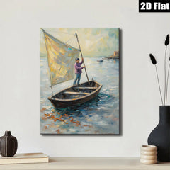 2D flat 1pc Coastal Fisherman Sailing Boat Ocean Wall Art Canvas Print Living Room Bedroom Decor Farmhouse Style Gallery Wrapped Ready to Hang