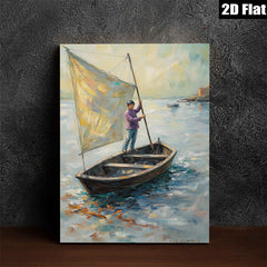 2D flat 1pc Coastal Fisherman Sailing Boat Ocean Wall Art Canvas Print Living Room Bedroom Decor Farmhouse Style Gallery Wrapped Ready to Hang