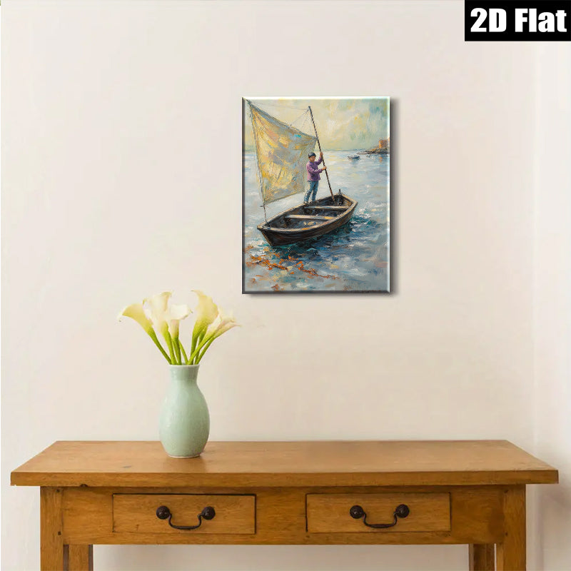 2D flat 1pc Coastal Fisherman Sailing Boat Ocean Wall Art Canvas Print Living Room Bedroom Decor Farmhouse Style Gallery Wrapped Ready to Hang
