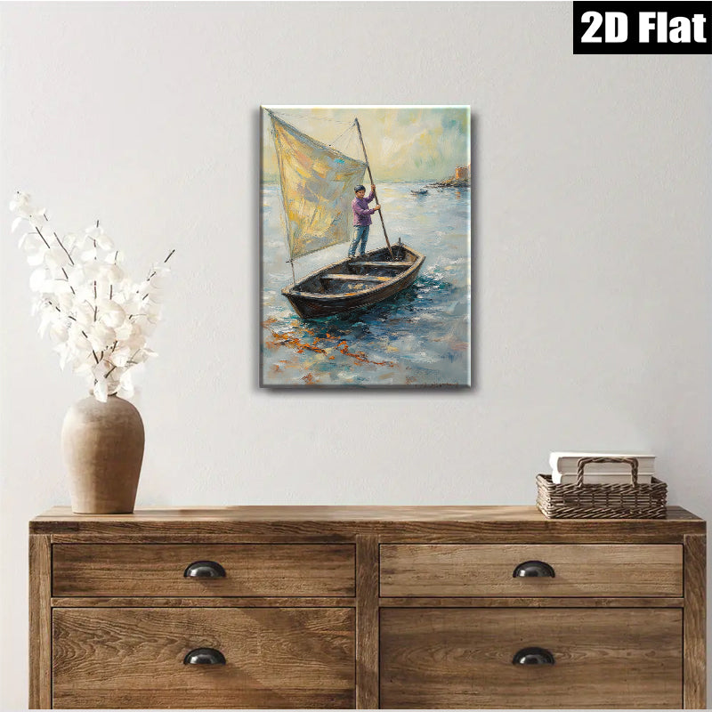 2D flat 1pc Coastal Fisherman Sailing Boat Ocean Wall Art Canvas Print Living Room Bedroom Decor Farmhouse Style Gallery Wrapped Ready to Hang