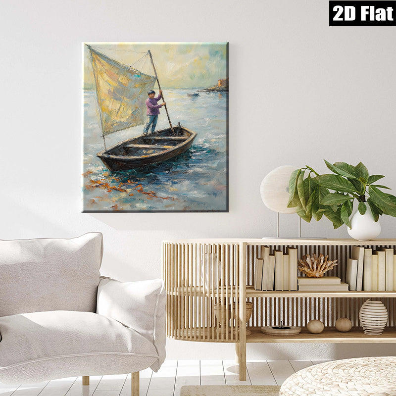2D flat 1pc Coastal Fisherman Sailing Boat Ocean Wall Art Canvas Print Living Room Bedroom Decor Farmhouse Style Gallery Wrapped Ready to Hang
