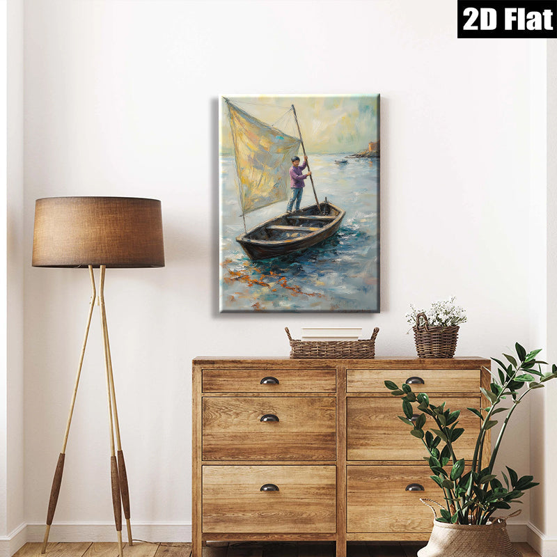 2D flat 1pc Coastal Fisherman Sailing Boat Ocean Wall Art Canvas Print Living Room Bedroom Decor Farmhouse Style Gallery Wrapped Ready to Hang