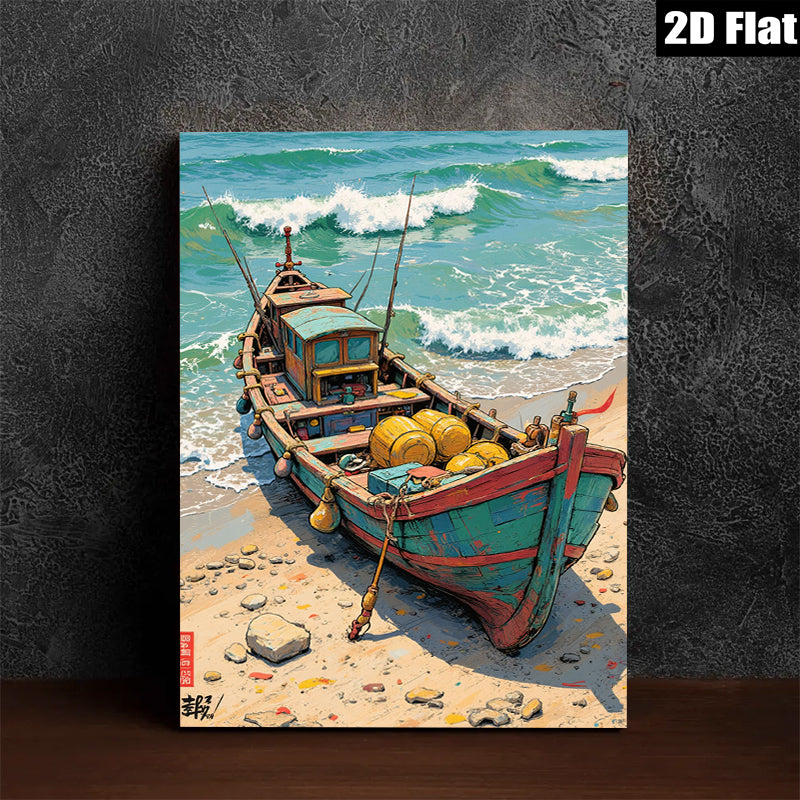 2D flat 1pc Coastal Fishing Boat Beach Scene Wall Art Decor Living Room Bedroom Rustic Farmhouse Style Canvas Prints Modern Home Decorations