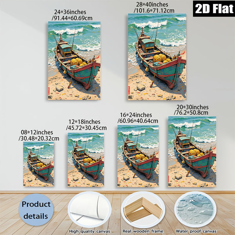 2D flat 1pc Coastal Fishing Boat Beach Scene Wall Art Decor Living Room Bedroom Rustic Farmhouse Style Canvas Prints Modern Home Decorations