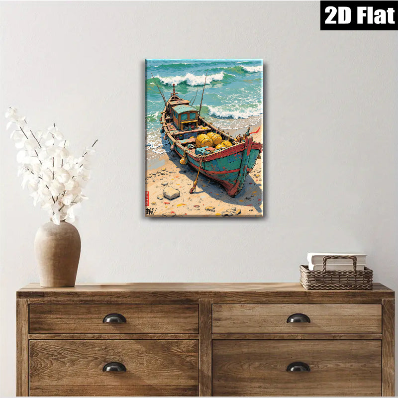 2D flat 1pc Coastal Fishing Boat Beach Scene Wall Art Decor Living Room Bedroom Rustic Farmhouse Style Canvas Prints Modern Home Decorations