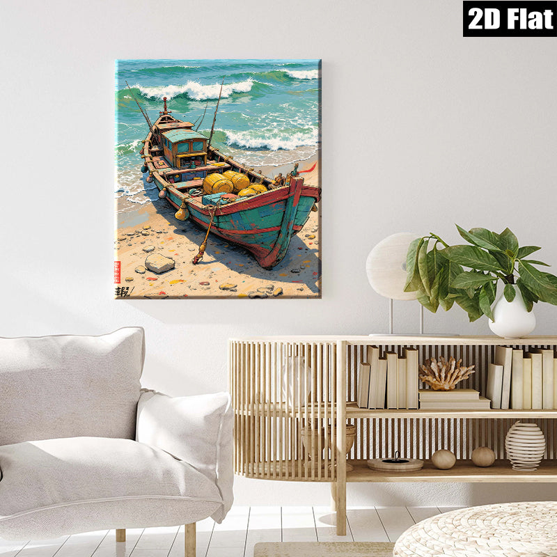 2D flat 1pc Coastal Fishing Boat Beach Scene Wall Art Decor Living Room Bedroom Rustic Farmhouse Style Canvas Prints Modern Home Decorations