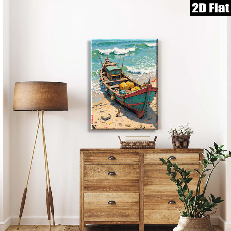 2D flat 1pc Coastal Fishing Boat Beach Scene Wall Art Decor Living Room Bedroom Rustic Farmhouse Style Canvas Prints Modern Home Decorations