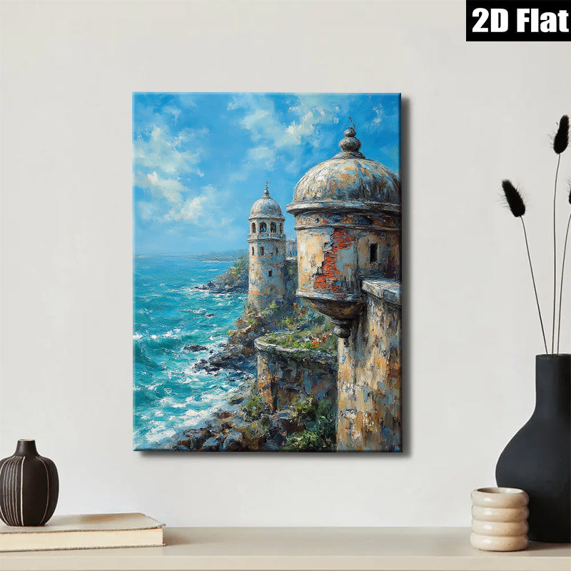 2D flat 1pc Coastal Fortress View Ocean Waves Scenic Wall Art Living Room Bedroom Home Decor Farmhouse Style Canvas Prints Modern Artwork