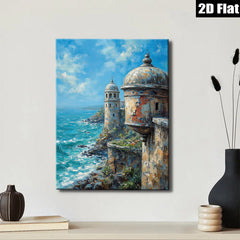 2D flat 1pc Coastal Fortress View Ocean Waves Scenic Wall Art Living Room Bedroom Home Decor Farmhouse Style Canvas Prints Modern Artwork