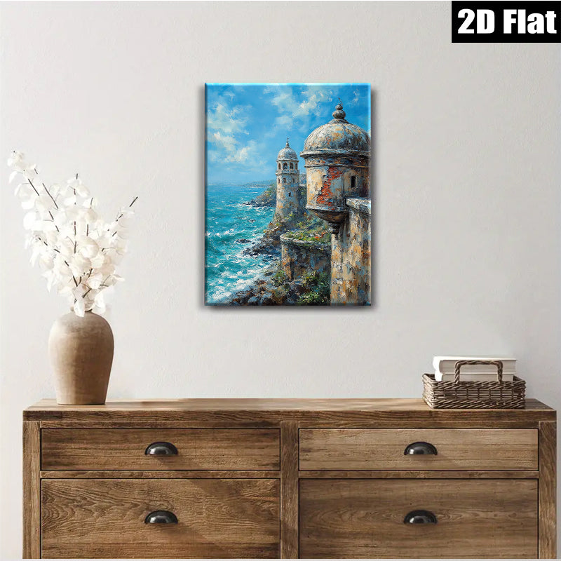 2D flat 1pc Coastal Fortress View Ocean Waves Scenic Wall Art Living Room Bedroom Home Decor Farmhouse Style Canvas Prints Modern Artwork