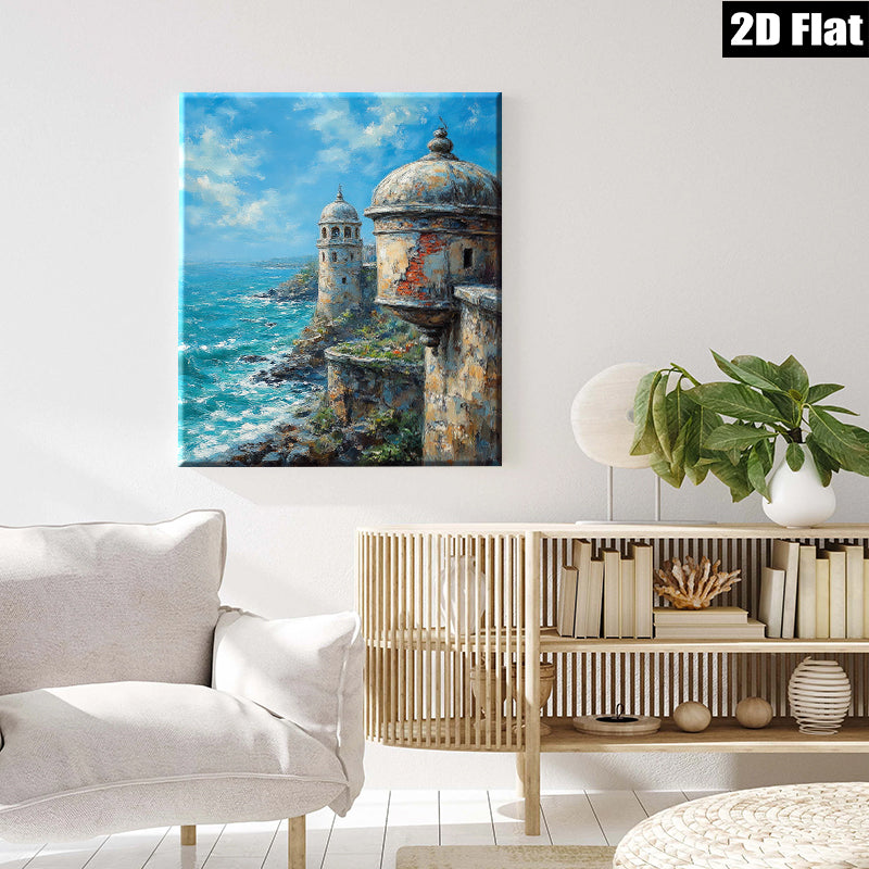 2D flat 1pc Coastal Fortress View Ocean Waves Scenic Wall Art Living Room Bedroom Home Decor Farmhouse Style Canvas Prints Modern Artwork