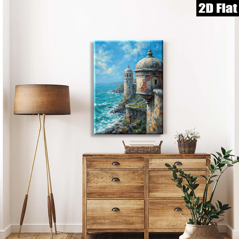 2D flat 1pc Coastal Fortress View Ocean Waves Scenic Wall Art Living Room Bedroom Home Decor Farmhouse Style Canvas Prints Modern Artwork