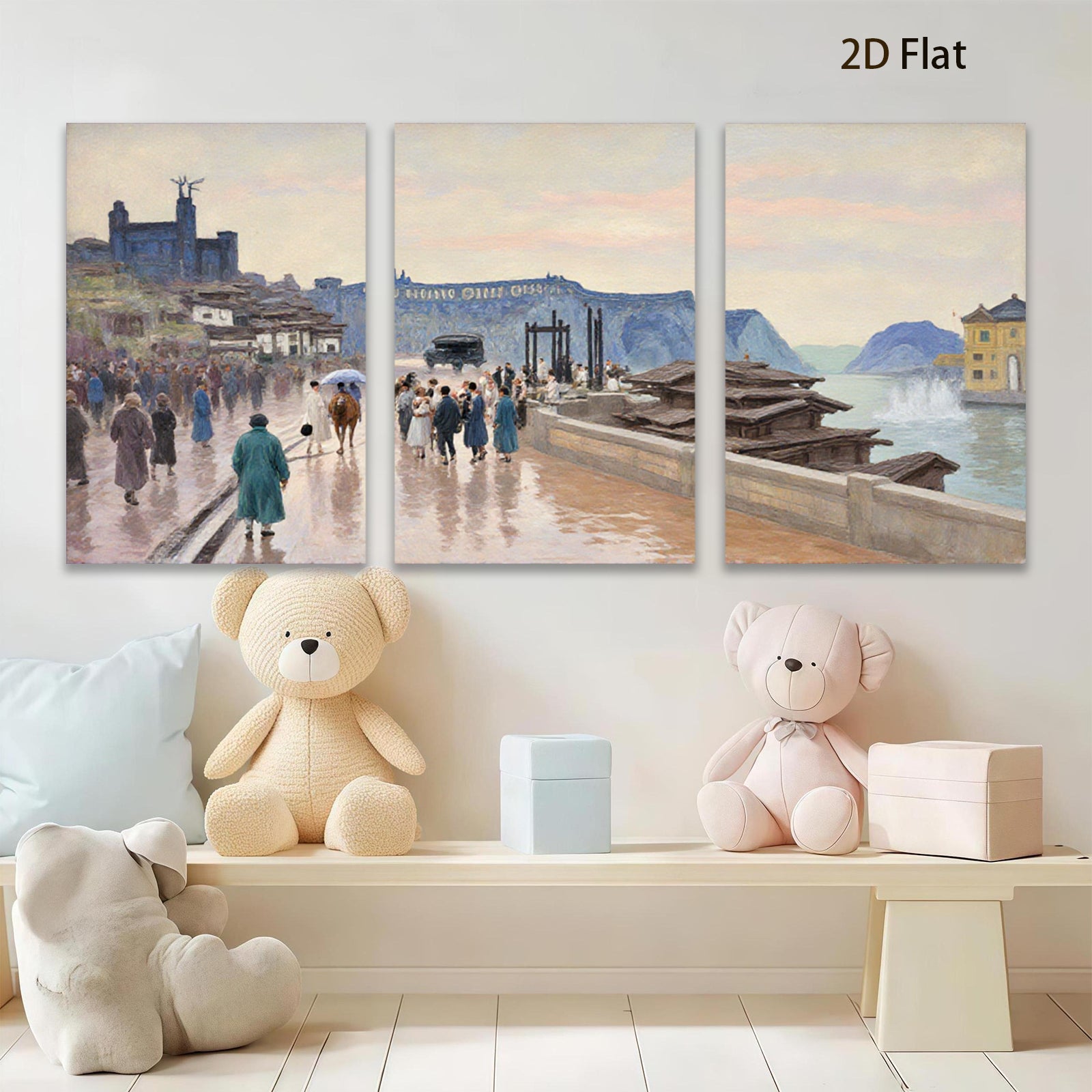 2D flat 1pc Coastal Italian Promenade Vibrant Cityscape Wall Art Living Room Bedroom Decor Farmhouse Style Gallery Wrapped Canvas Prints Ready to Hang