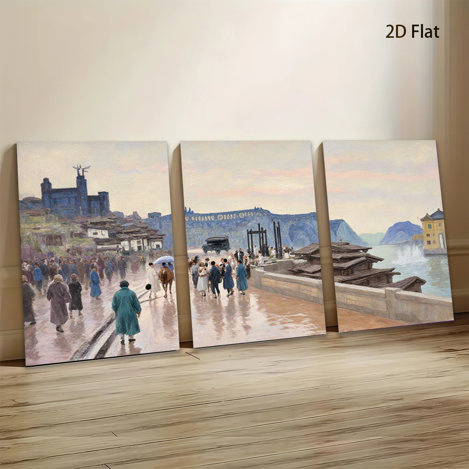 2D flat 1pc Coastal Italian Promenade Vibrant Cityscape Wall Art Living Room Bedroom Decor Farmhouse Style Gallery Wrapped Canvas Prints Ready to Hang