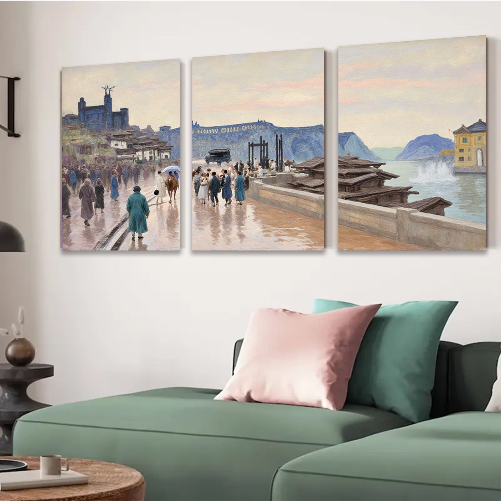 2D flat 1pc Coastal Italian Promenade Vibrant Cityscape Wall Art Living Room Bedroom Decor Farmhouse Style Gallery Wrapped Canvas Prints Ready to Hang