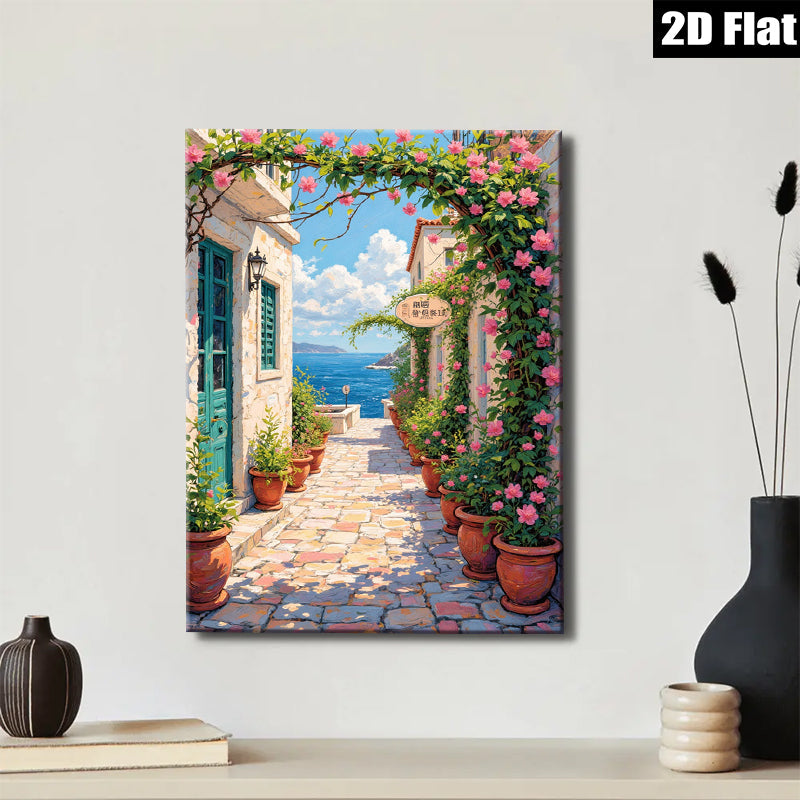 2D flat 1pc Coastal Italian Street View Wall Art Canvas Prints for Living Room Bedroom Home Decor Farmhouse Style Modern Artwork Gallery Wrapped Ready to Hang